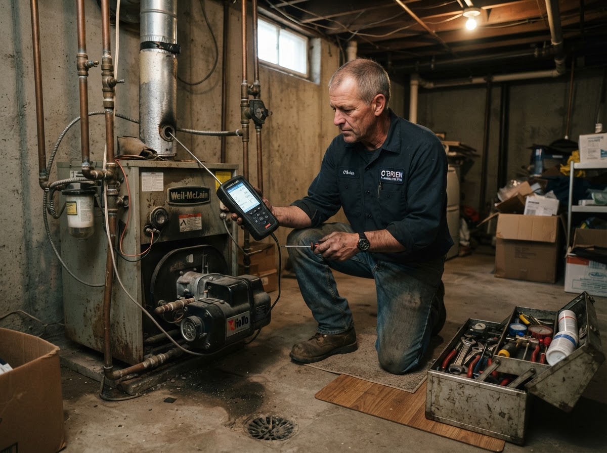 Plumber testing an oil-fired boiler burner with a combustion analyzer in a Port Jefferson Station basement