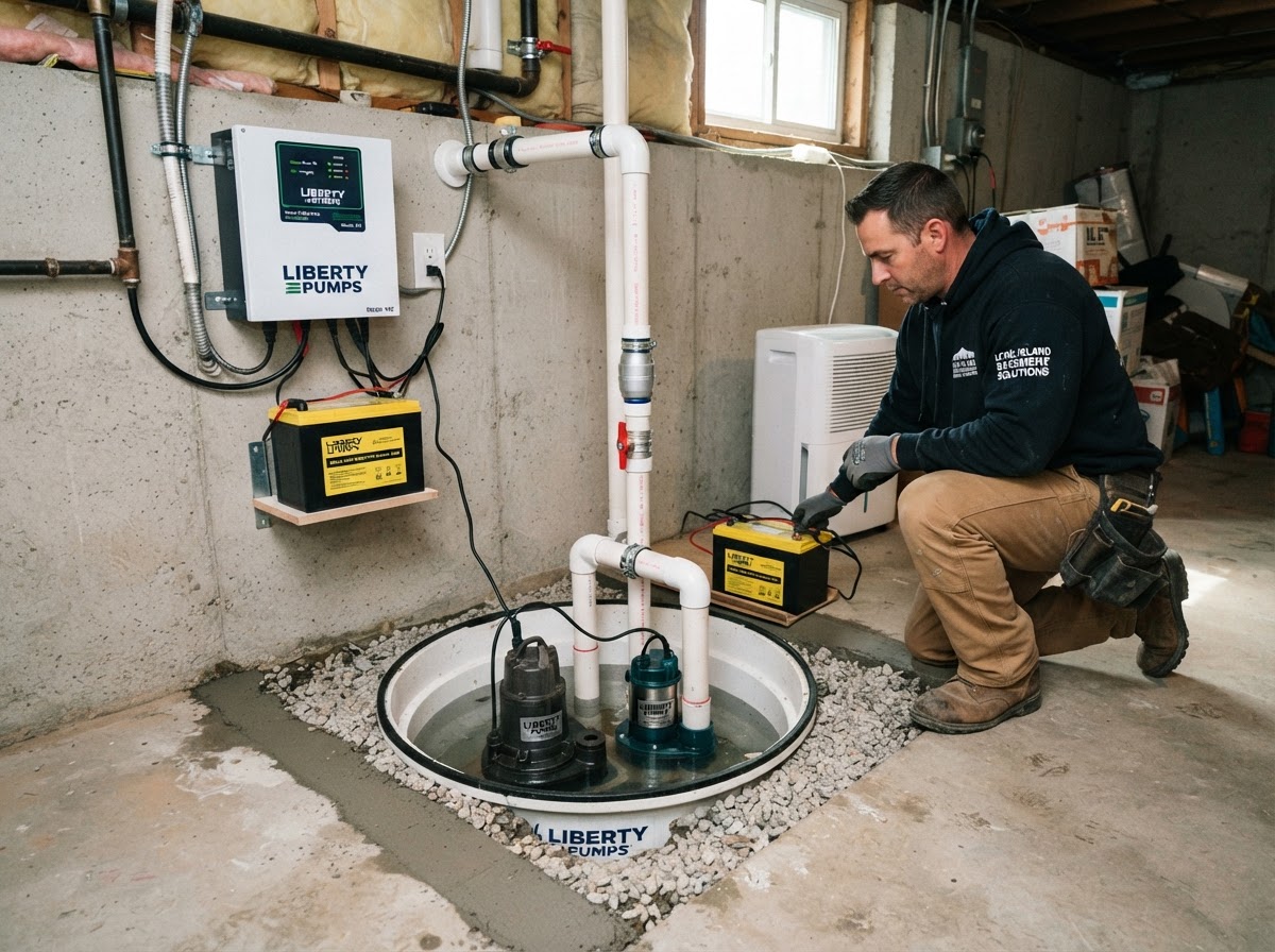New sump pump with battery backup installed in a Coram basement