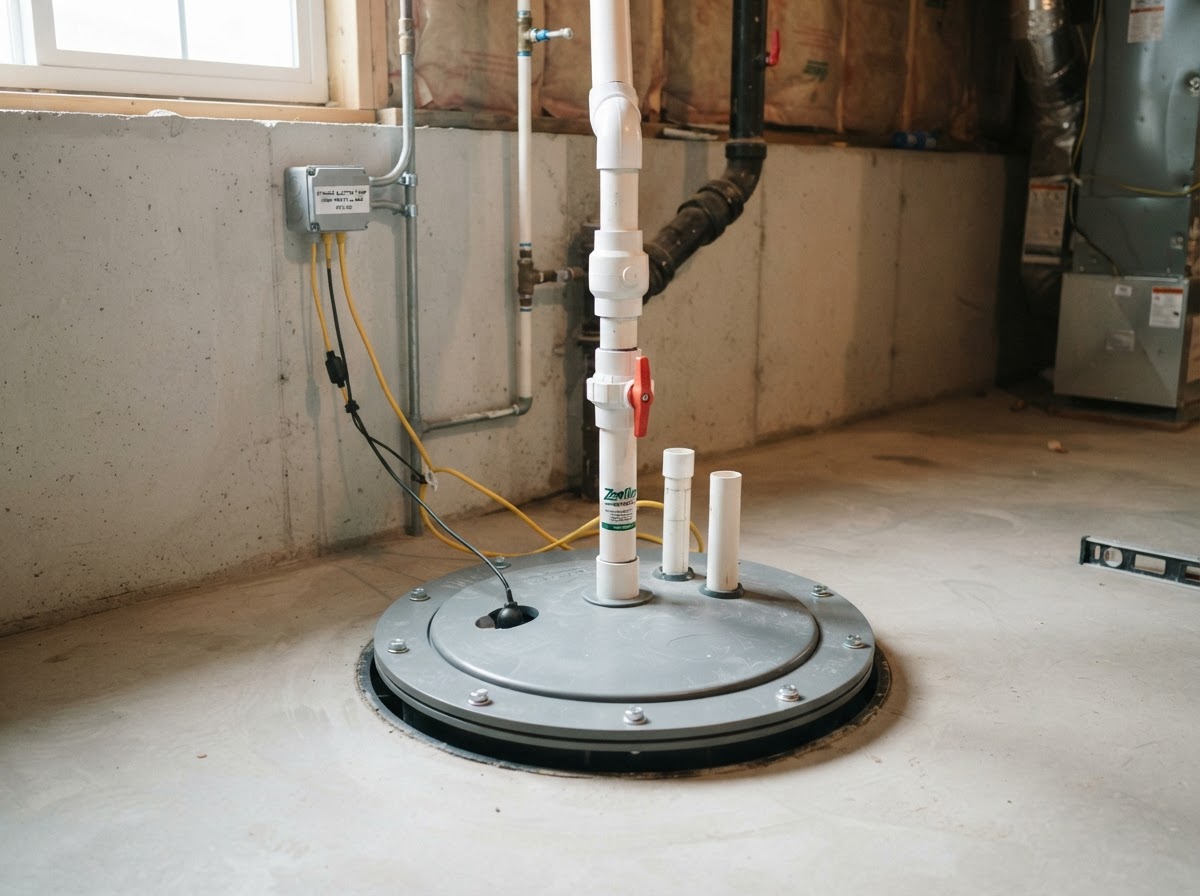 Sewage ejector pump pit with alarm installed in a Mount Sinai basement