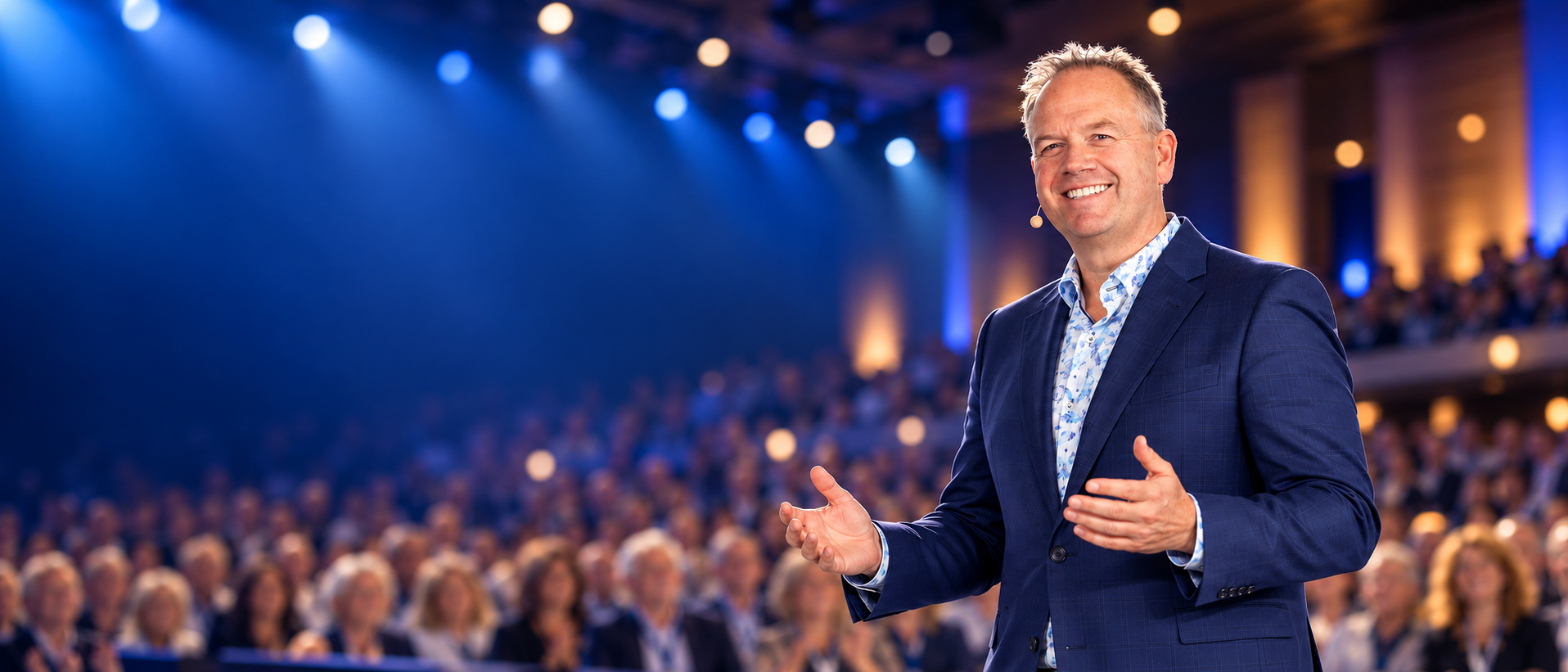 William Bisset speaking on stage to a keynote audience
