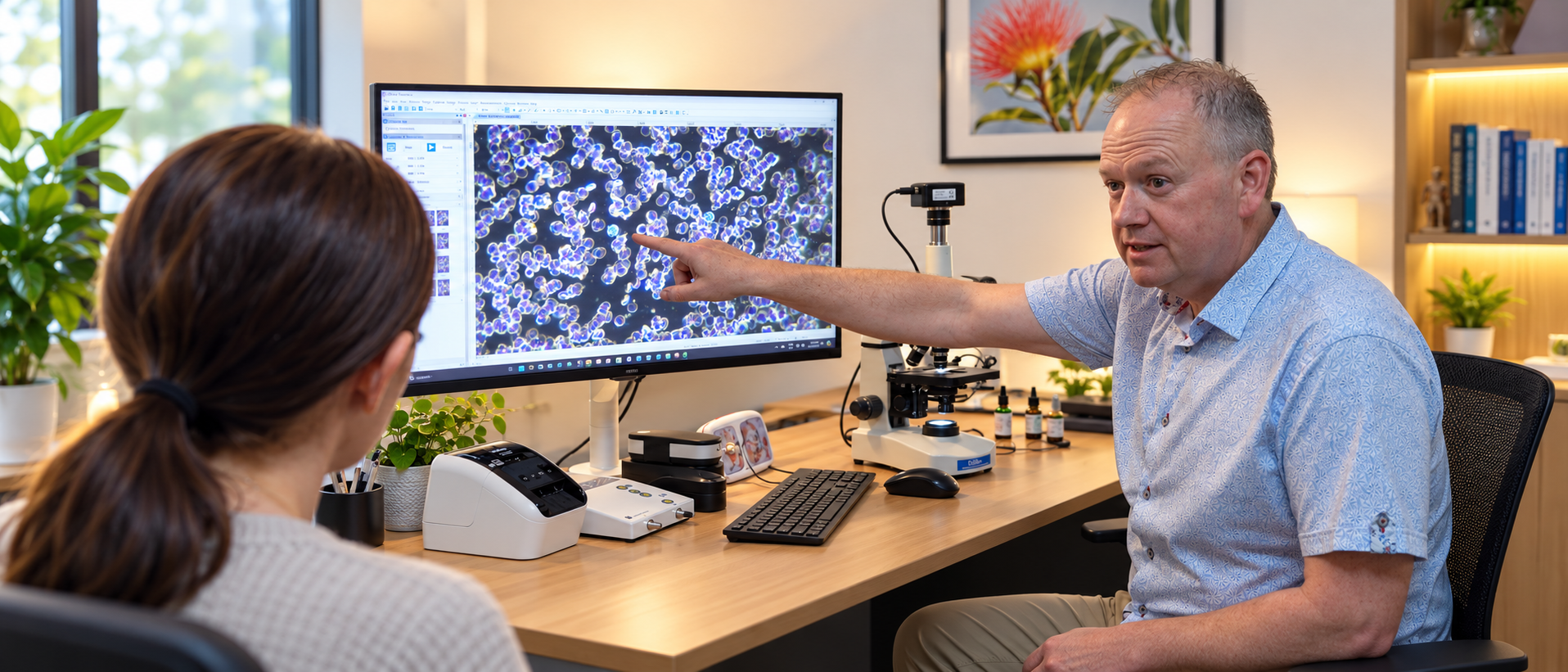 William Bisset at a desk pointing at a microscope screen with Brilin logo on the wall