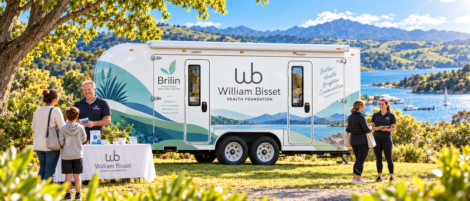 White mobile clinic trailer with the WB logo and William Bisset Health Foundation branding