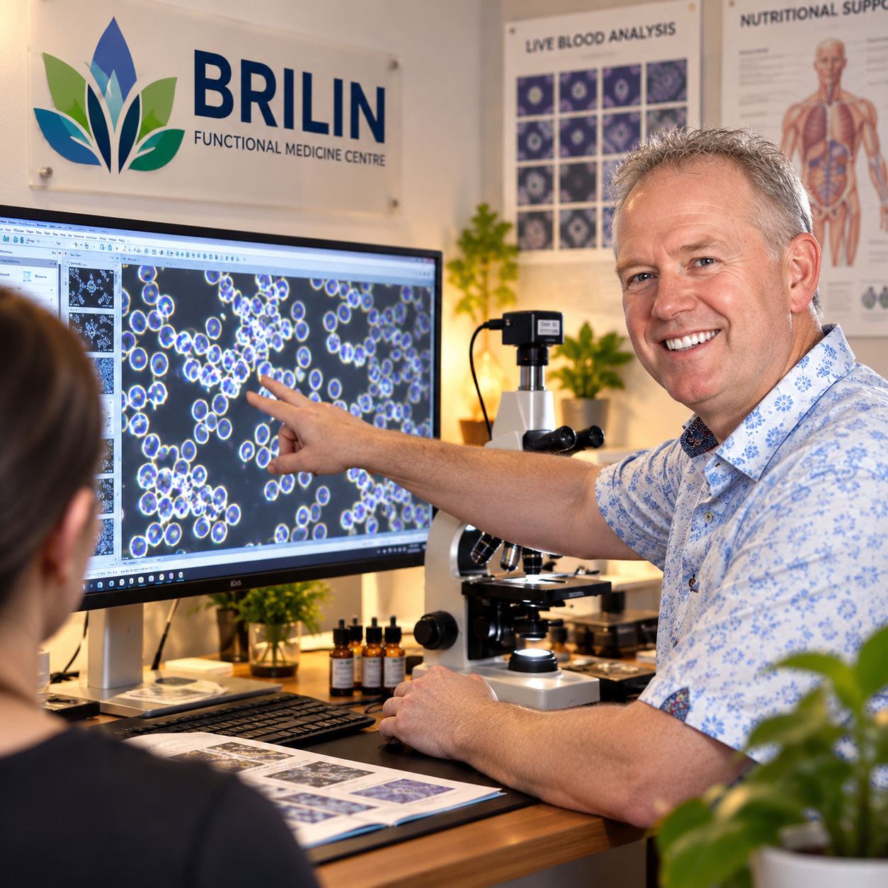 William Bisset pointing at a microscope screen in consultation at Brilin Functional Medicine Centre