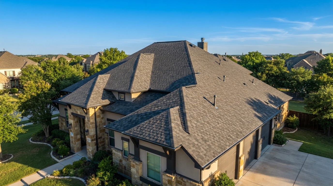 A residential roof with clean shingle rooflines at golden hour.
