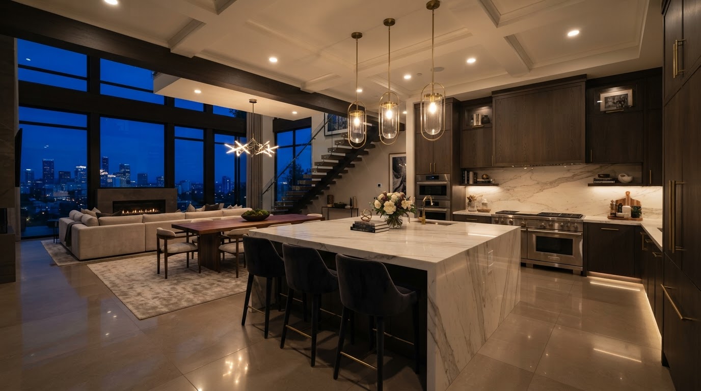 Warmly lit modern interior at dusk with elegant LED lighting