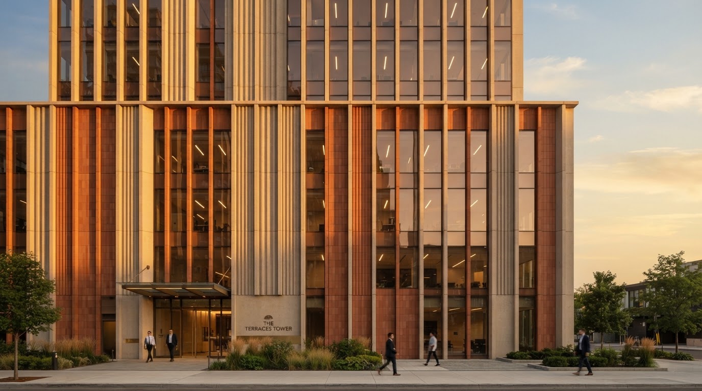 Modern Canadian commercial office tower facade in warm golden-hour light