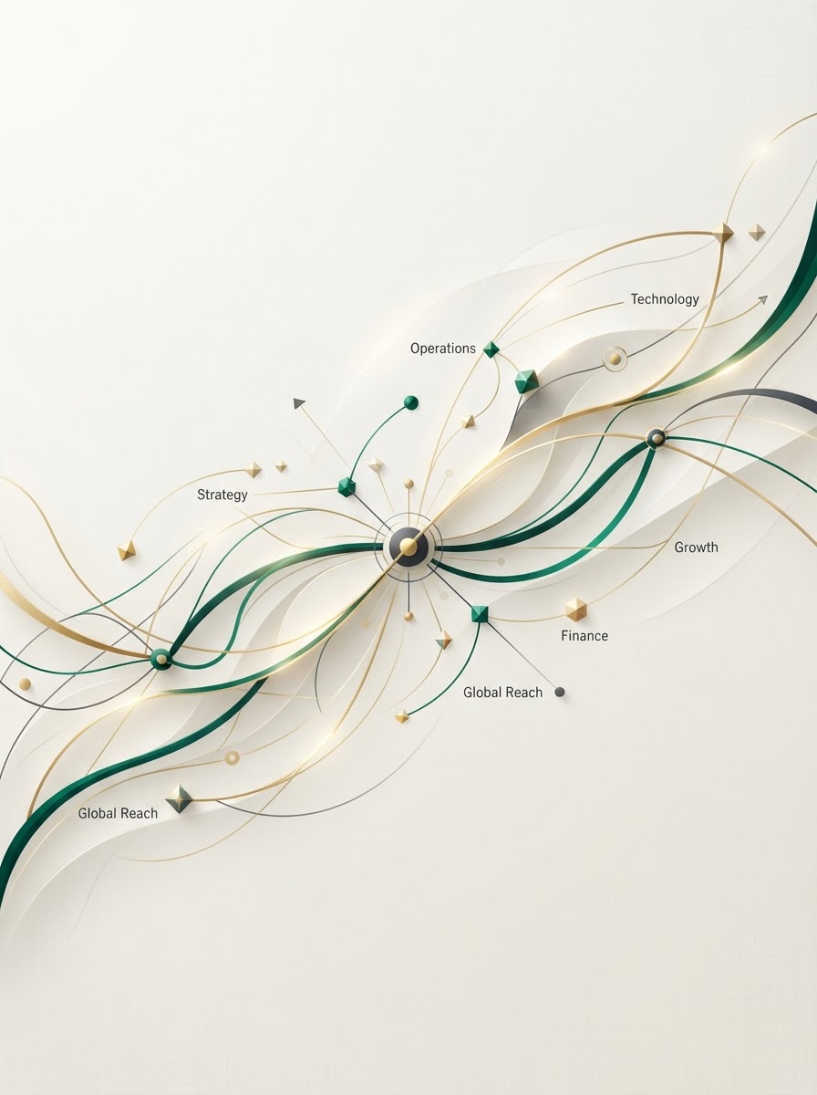Abstract network of interconnected business systems flowing together