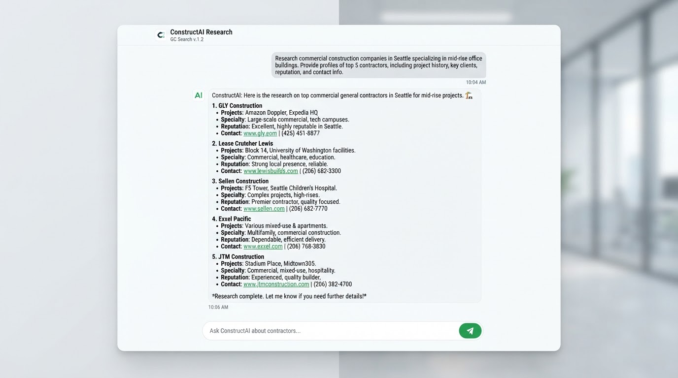 AI chat interface showing a research prompt for finding general contractors
