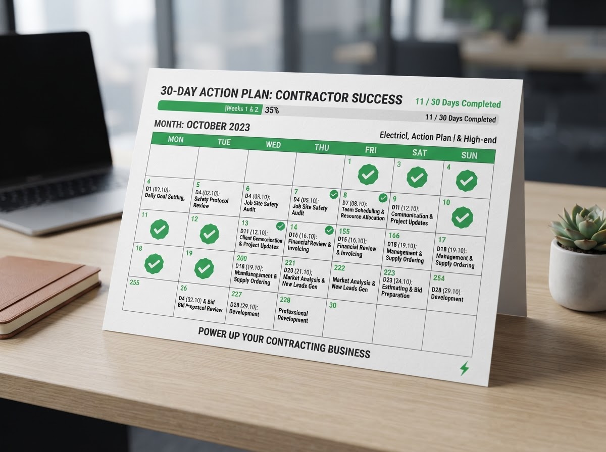 30-day action plan calendar with checked-off tasks and a progress bar