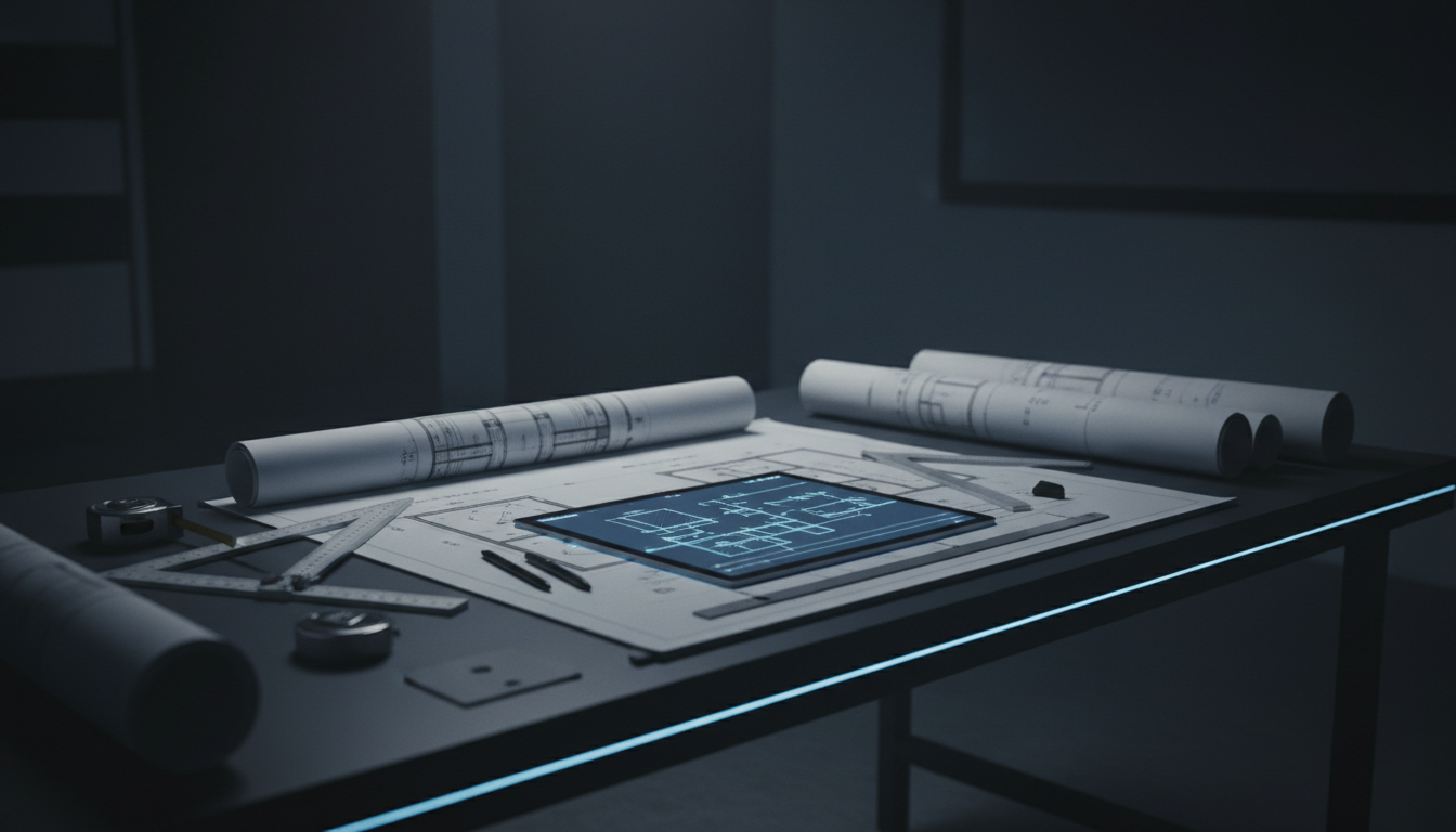 Electrical architectural blueprints, digital tablet schematics, drafting tools, and layout plans for electrical contractors