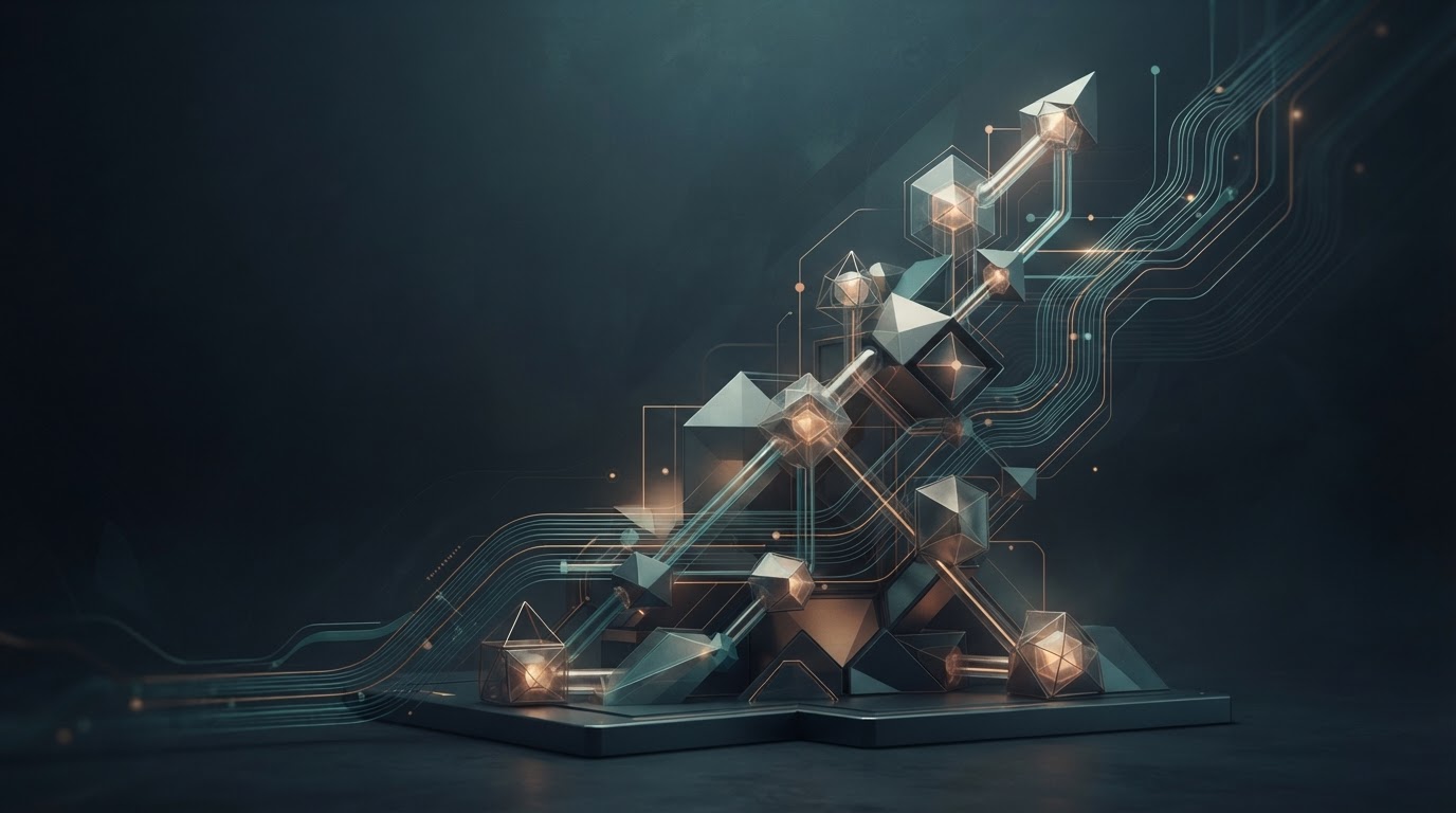 An abstract visual of interconnected business systems and an ascending structure representing business growth