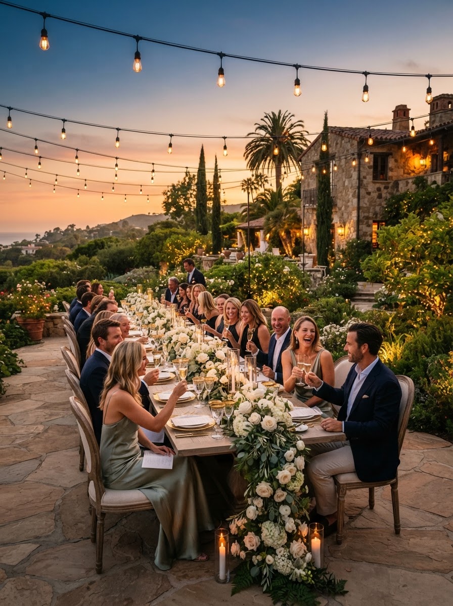 Atmospheric inspiration — refined private garden party at dusk