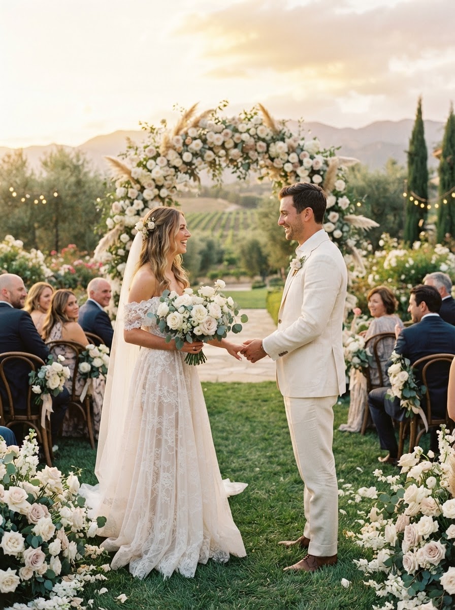 Atmospheric inspiration — elegant outdoor ceremony at golden hour, showing the event context the trailer serves
