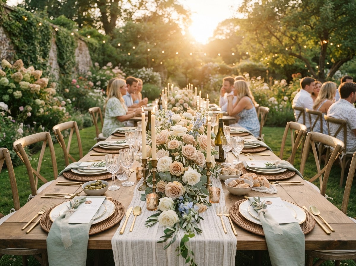 Atmospheric inspiration — elegantly set garden celebration table at golden hour