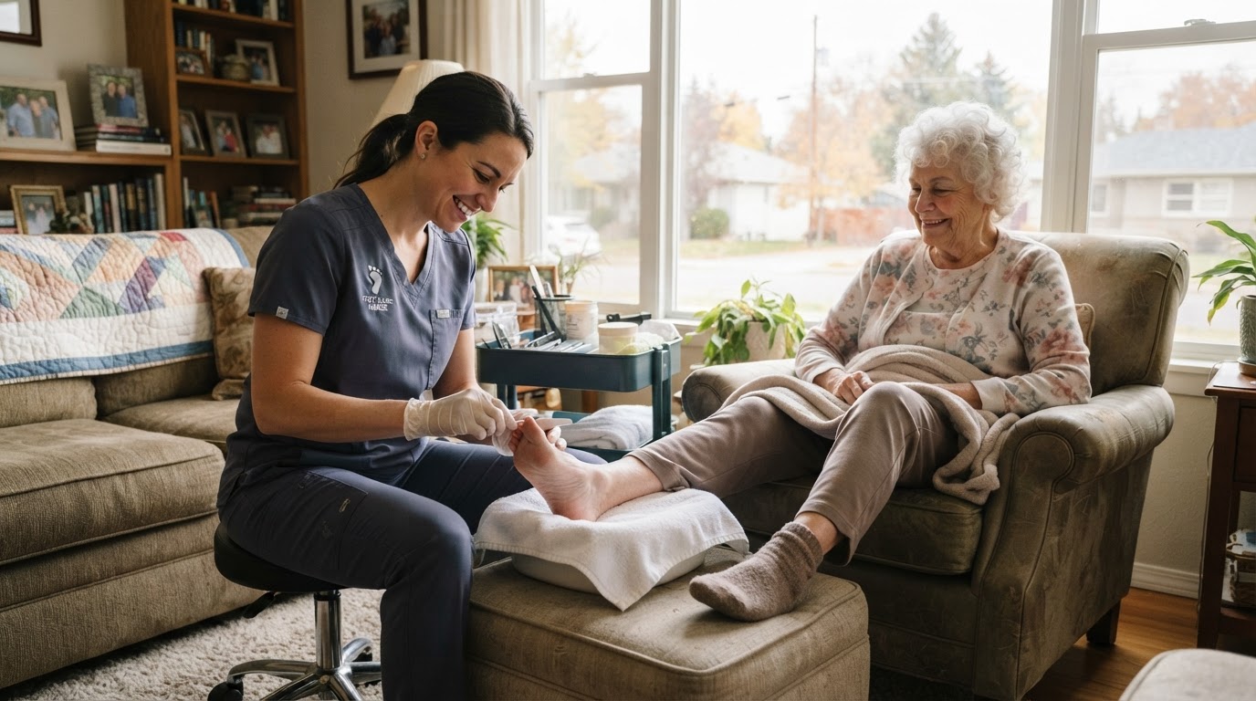 A friendly foot-care nurse in slate-indigo scrubs gently caring for a senior client's feet during an in-home visit in Boise, Idaho