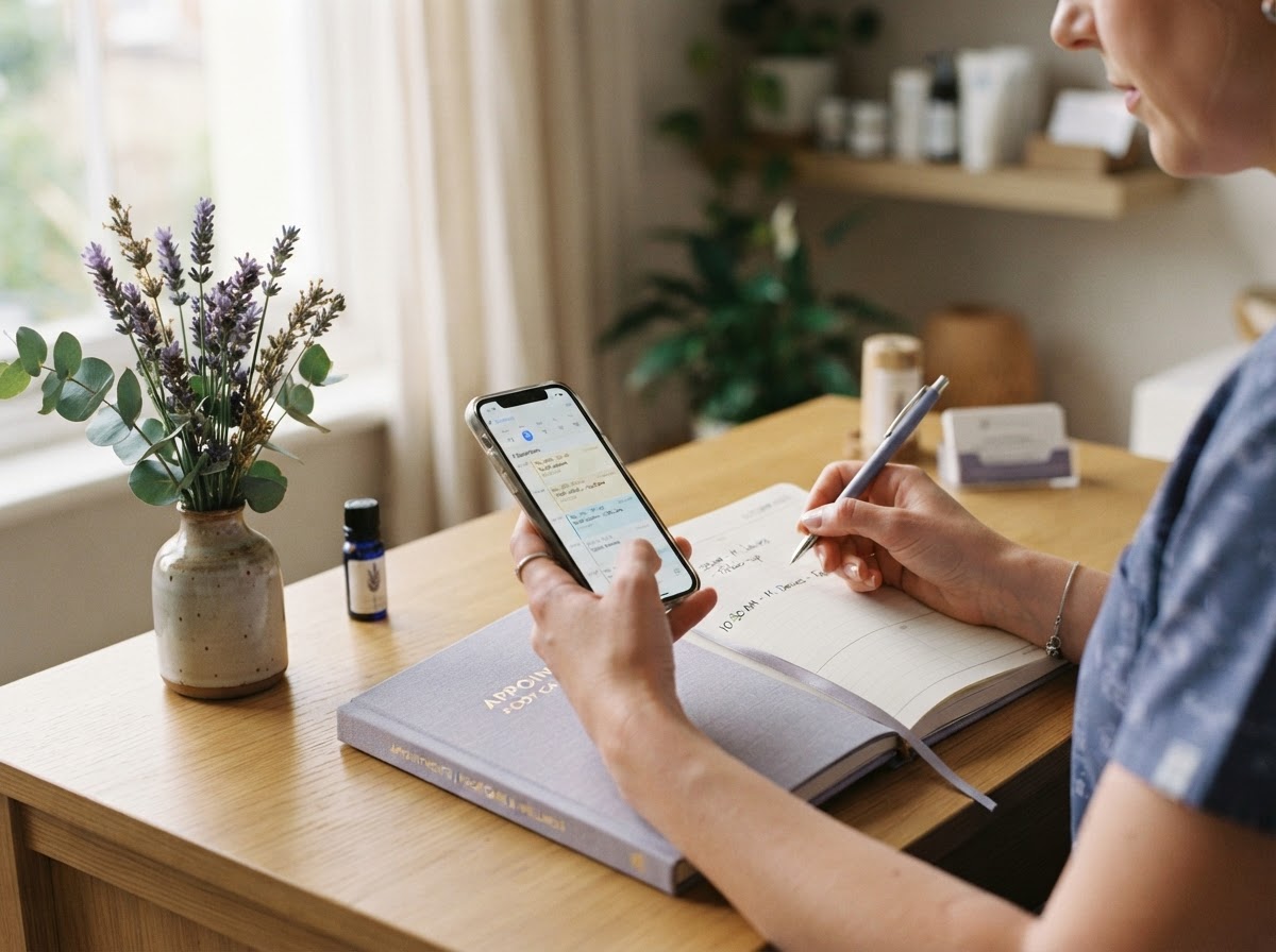 A booking desk with a phone, an open appointment notebook, and a vase of lavender — scheduling a Sole Works foot-care visit in Boise