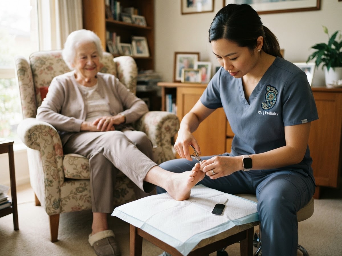 A foot-care nurse carefully trimming the toenail and gently reducing a callus on a white senior man's foot