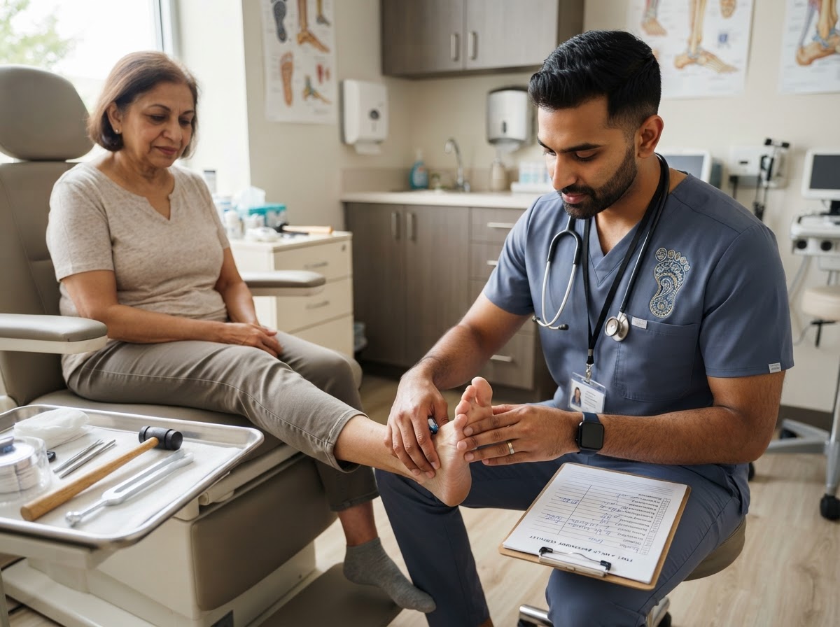 A foot-care nurse in slate-indigo scrubs examining the bare foot of a Black senior woman at home with sanitized tools