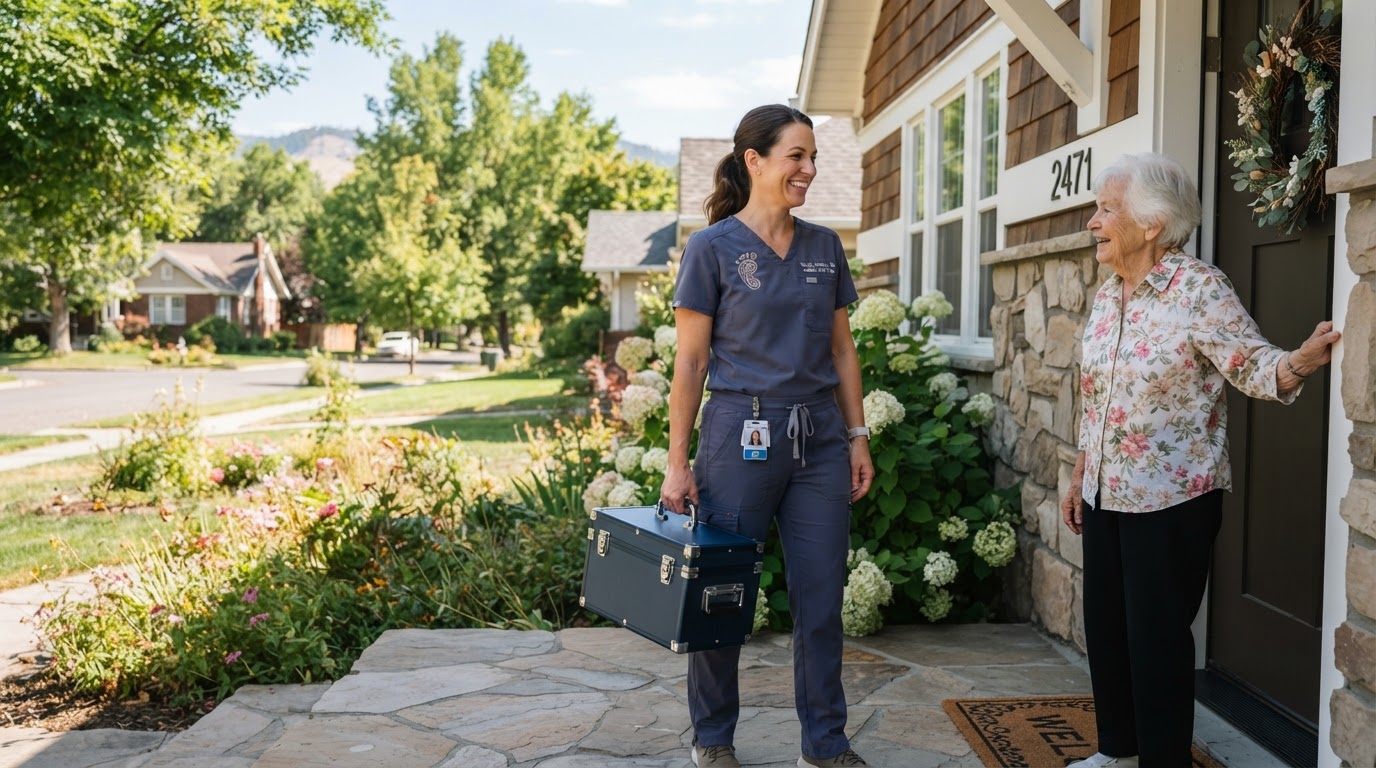 A Sole Works foot-care nurse arriving at a client's home with a sanitized care kit for an in-home visit