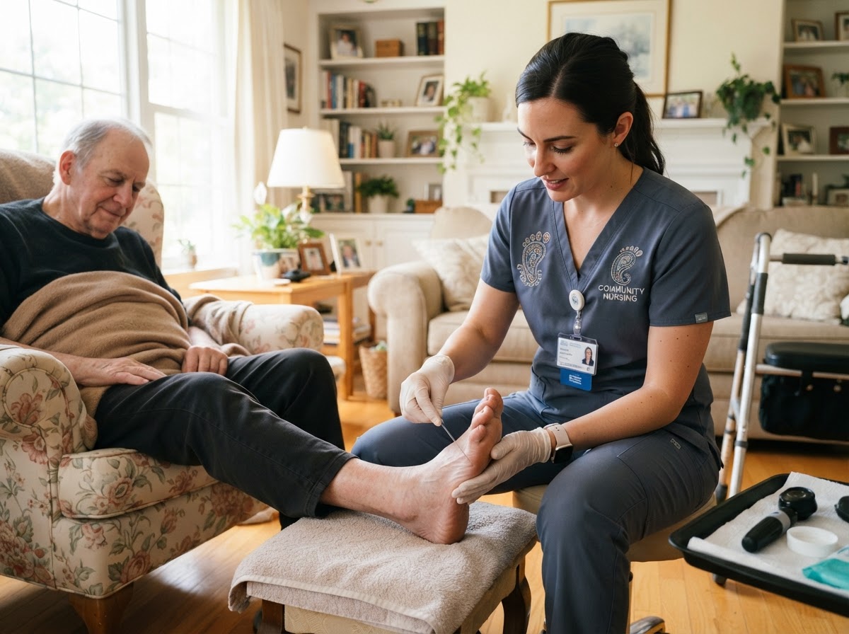 A foot-care nurse checking circulation and sensation on the foot of a Black senior man using a diabetic monofilament
