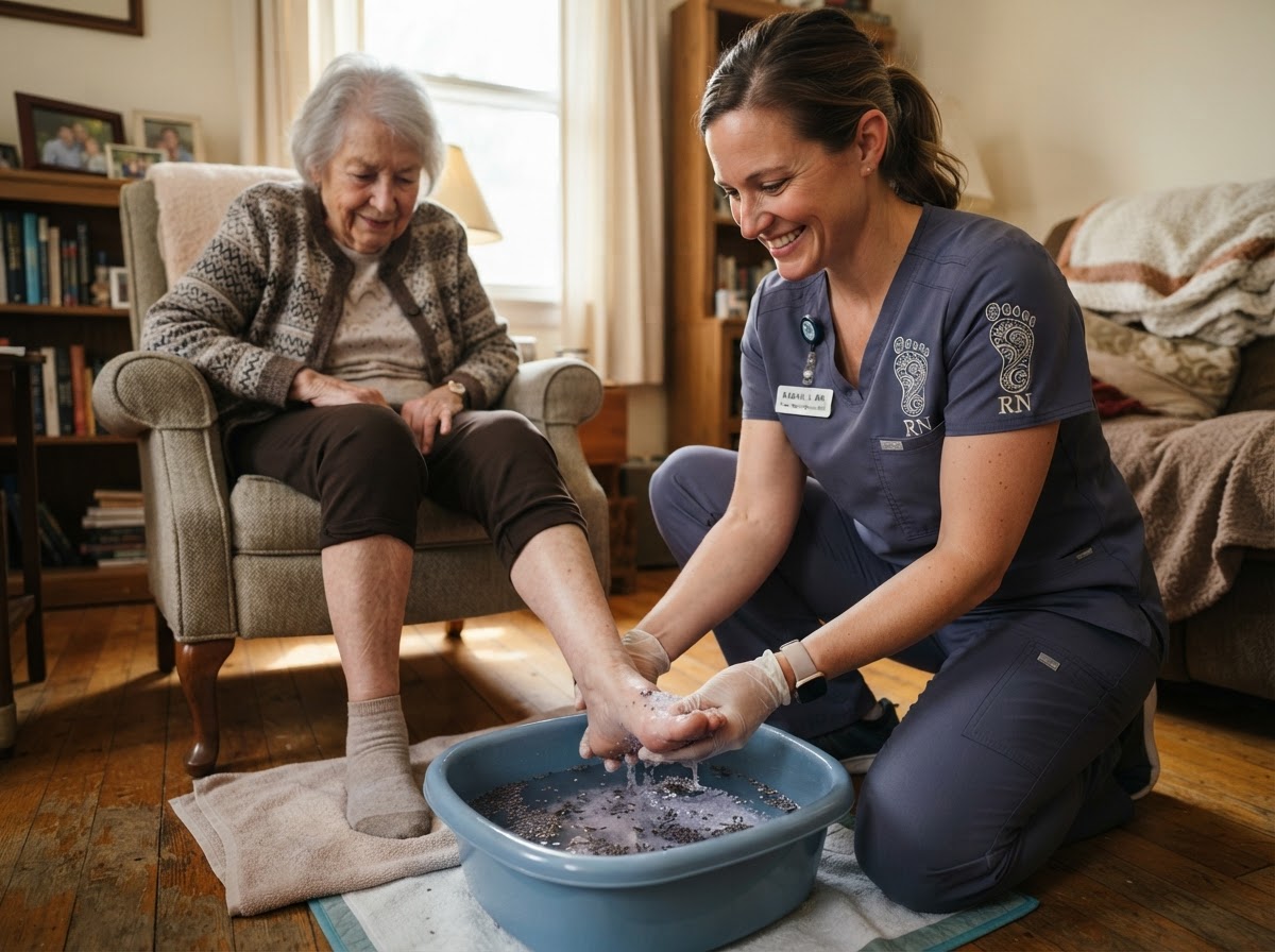 A foot-care nurse preparing a warm ceramic-basin foot-bath soak for an East Asian senior man at home, with soft towels