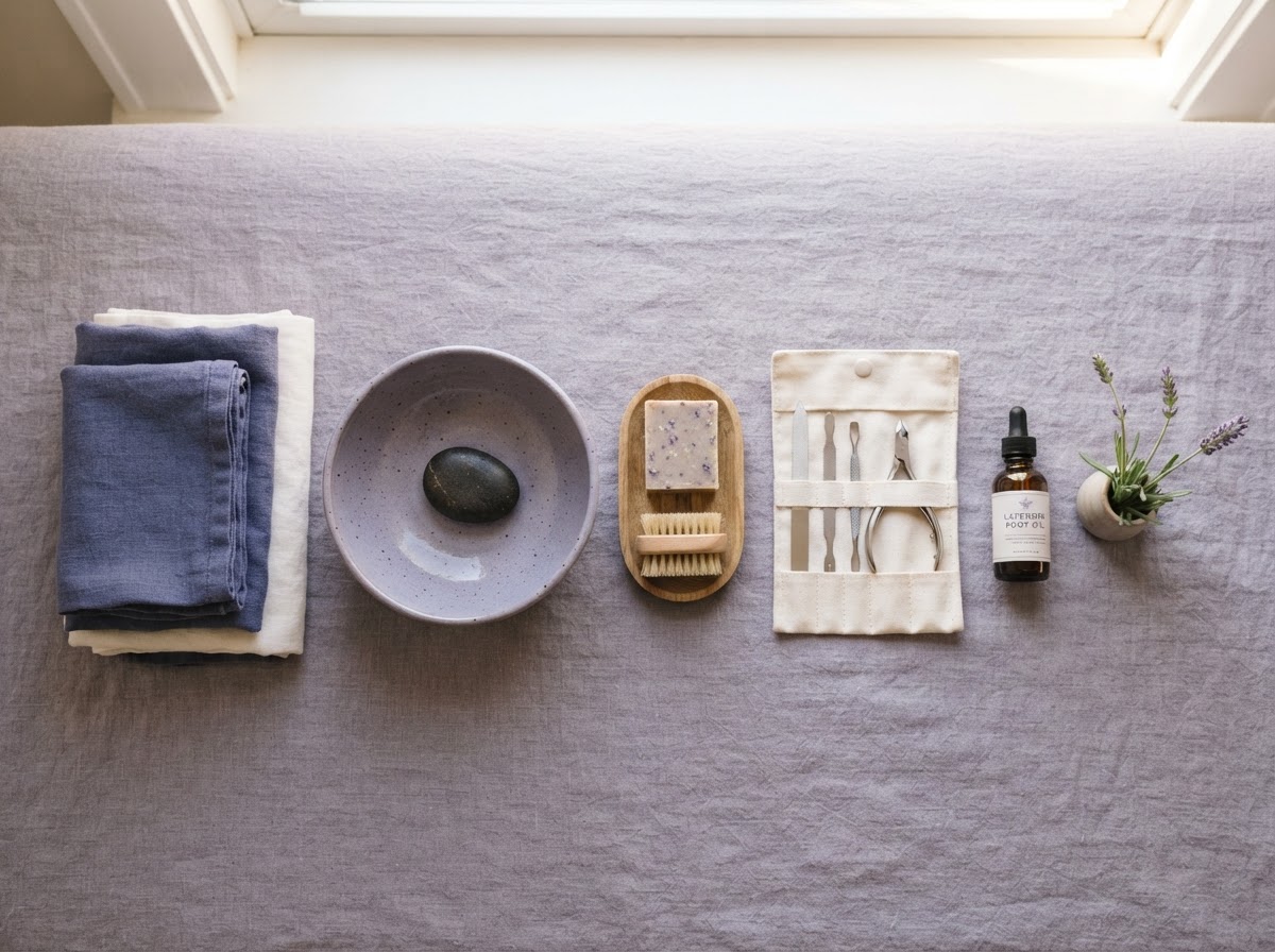 A tidy flat lay of mobile foot-care essentials — towels, a ceramic basin, soap, and sanitized instruments on soft linen