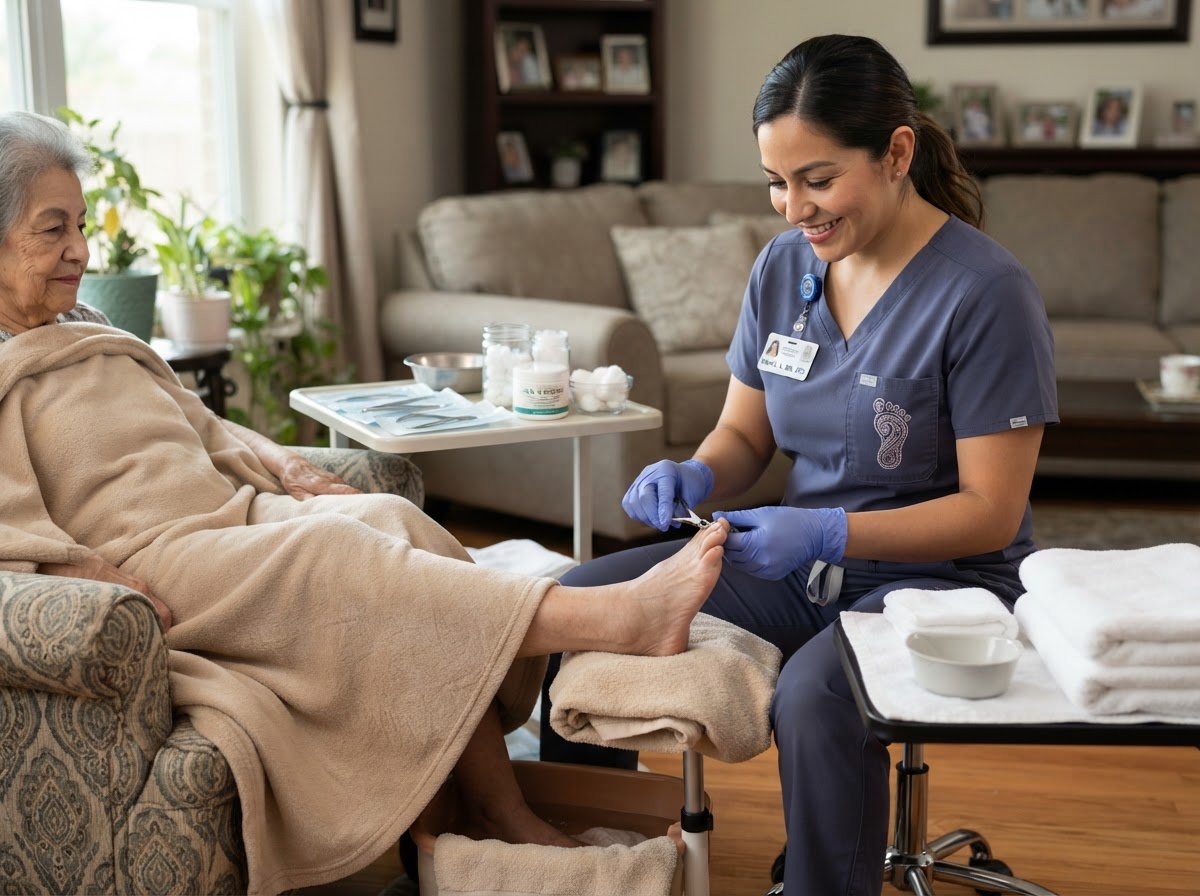 A foot-care nurse performing a clean medical pedicure for a Latina senior woman at home with sanitized tools and folded towels