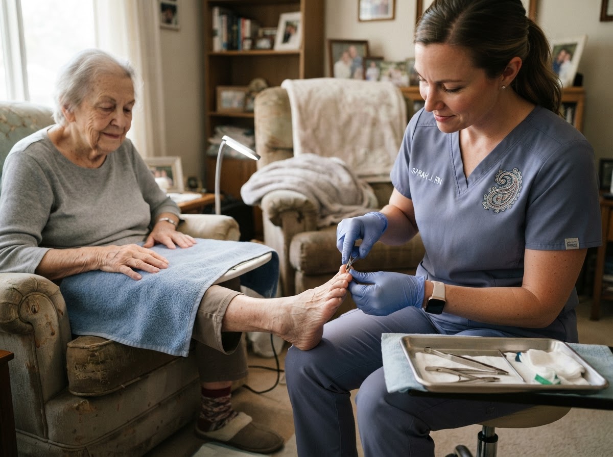 A foot-care nurse treating an ingrown toenail on a white senior woman's foot with precision sanitized instruments
