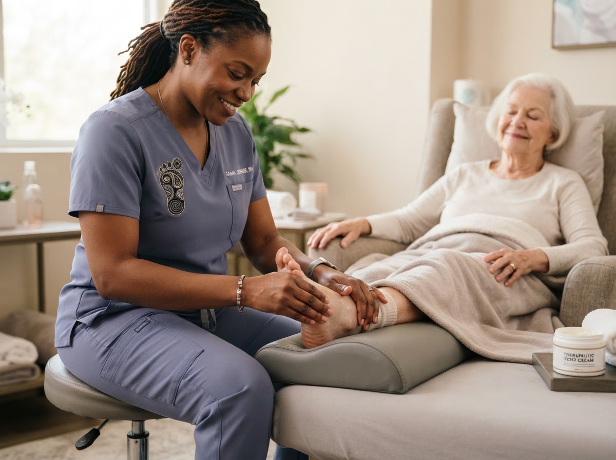 A foot-care nurse gently massaging the foot of a South Asian Indian senior woman at home
