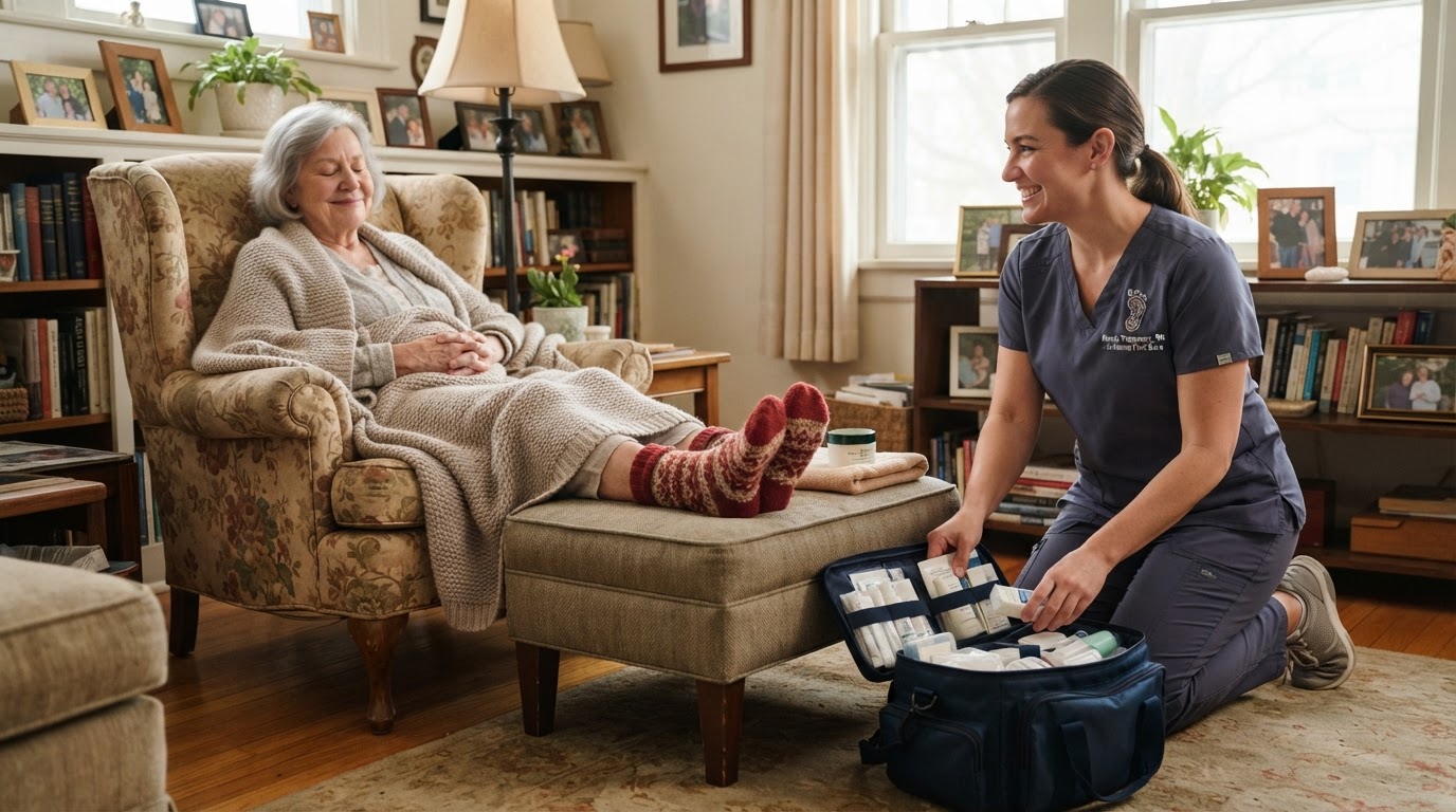A senior client relaxing comfortably at home during a Sole Works mobile foot-care visit in Boise