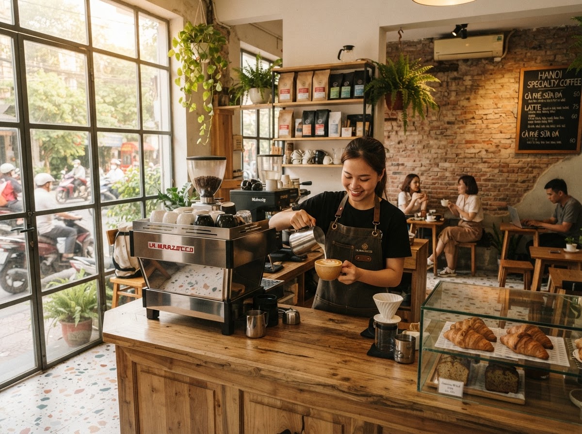 Quán cà phê đặc sản tại Hà Nội, barista Việt Nam đứng sau máy pha cà phê, ánh sáng buổi sáng mềm mại