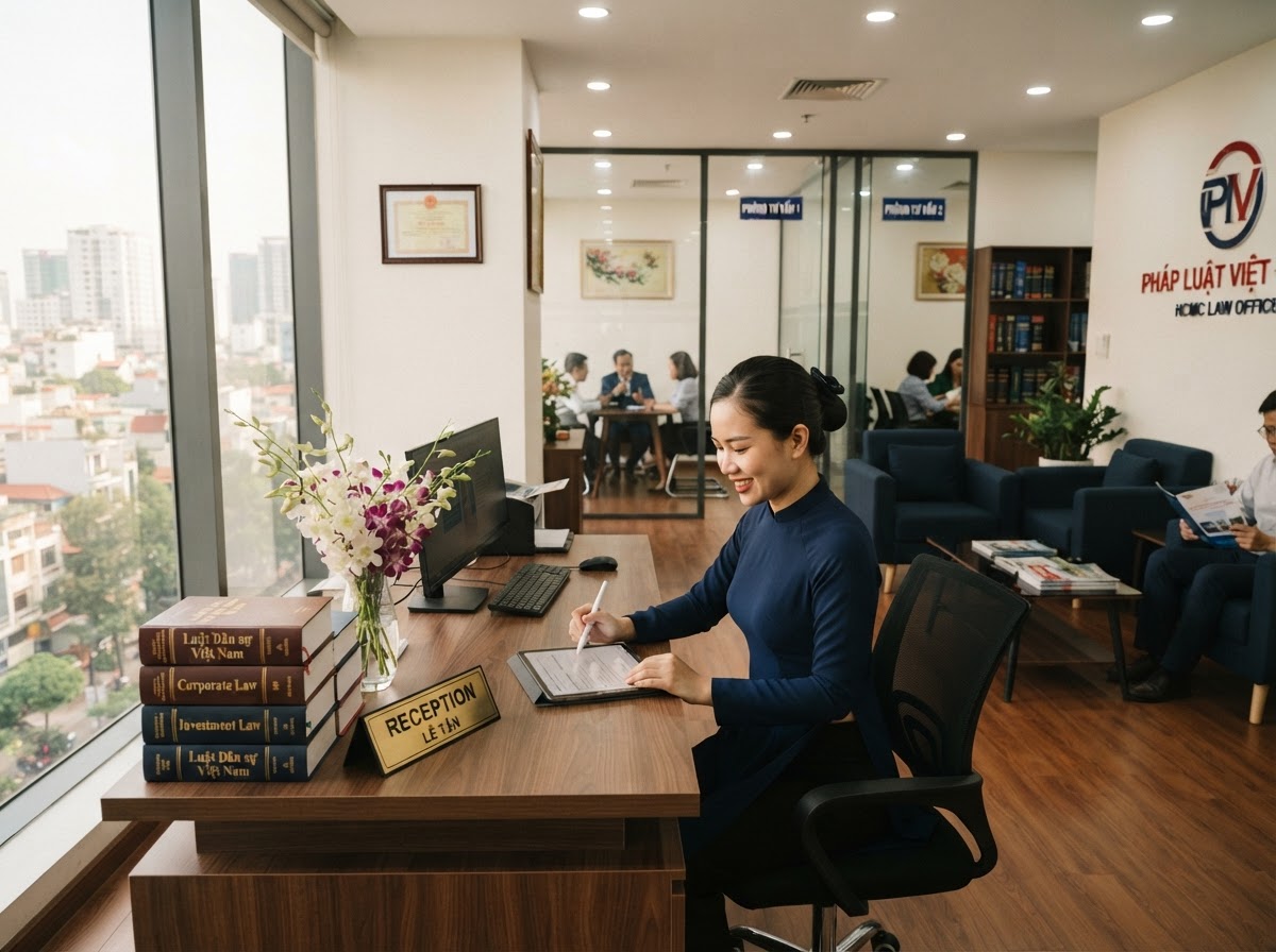 Phòng tiếp khách của văn phòng luật sư tại Việt Nam, nhân viên tư vấn pháp lý đang làm việc với laptop hiển thị form tiếp nhận hồ sơ