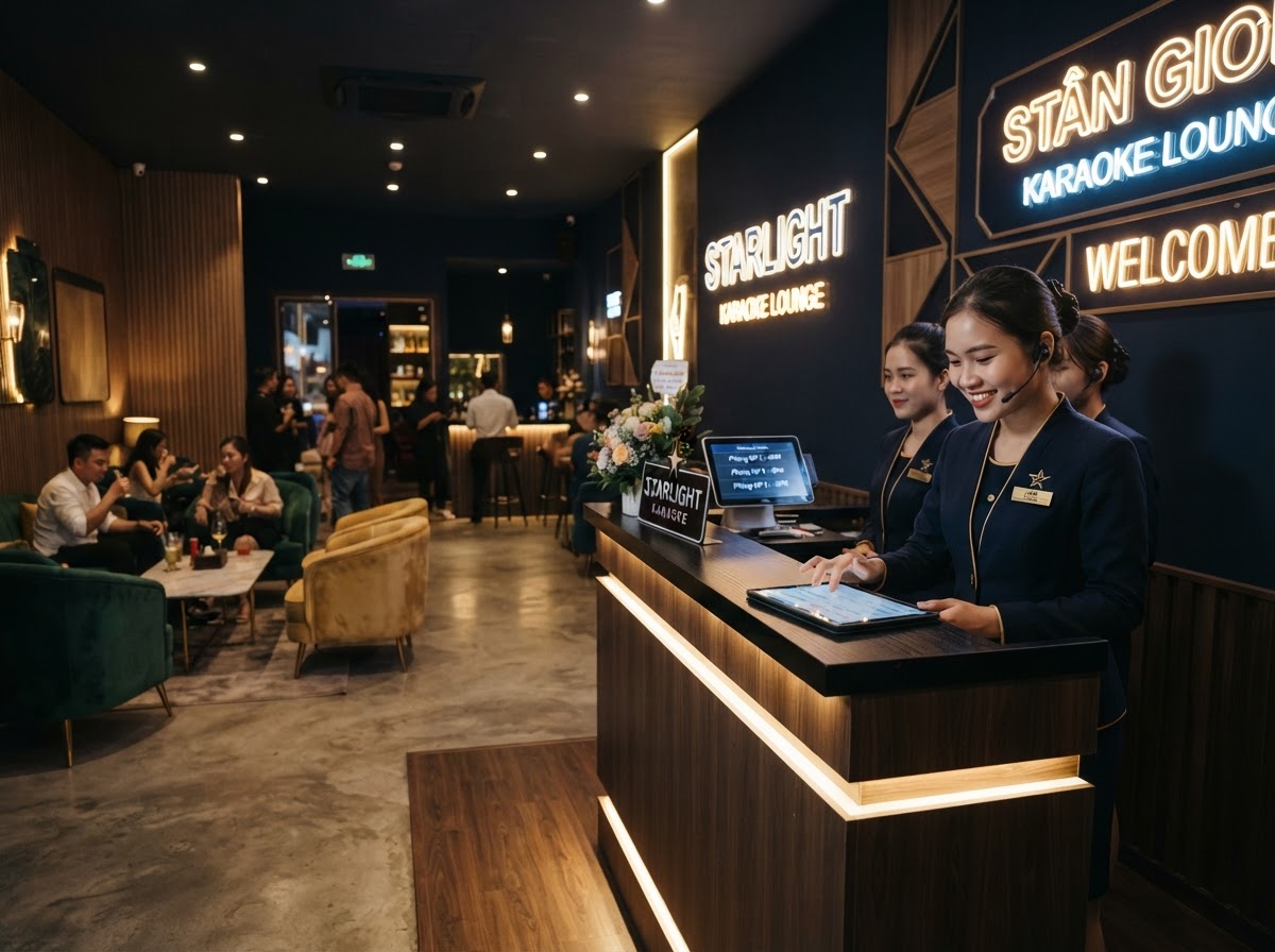 Phòng karaoke cao cấp tại Việt Nam, nhân viên tiếp tân Việt Nam đứng với máy tính bảng hiển thị tình trạng phòng