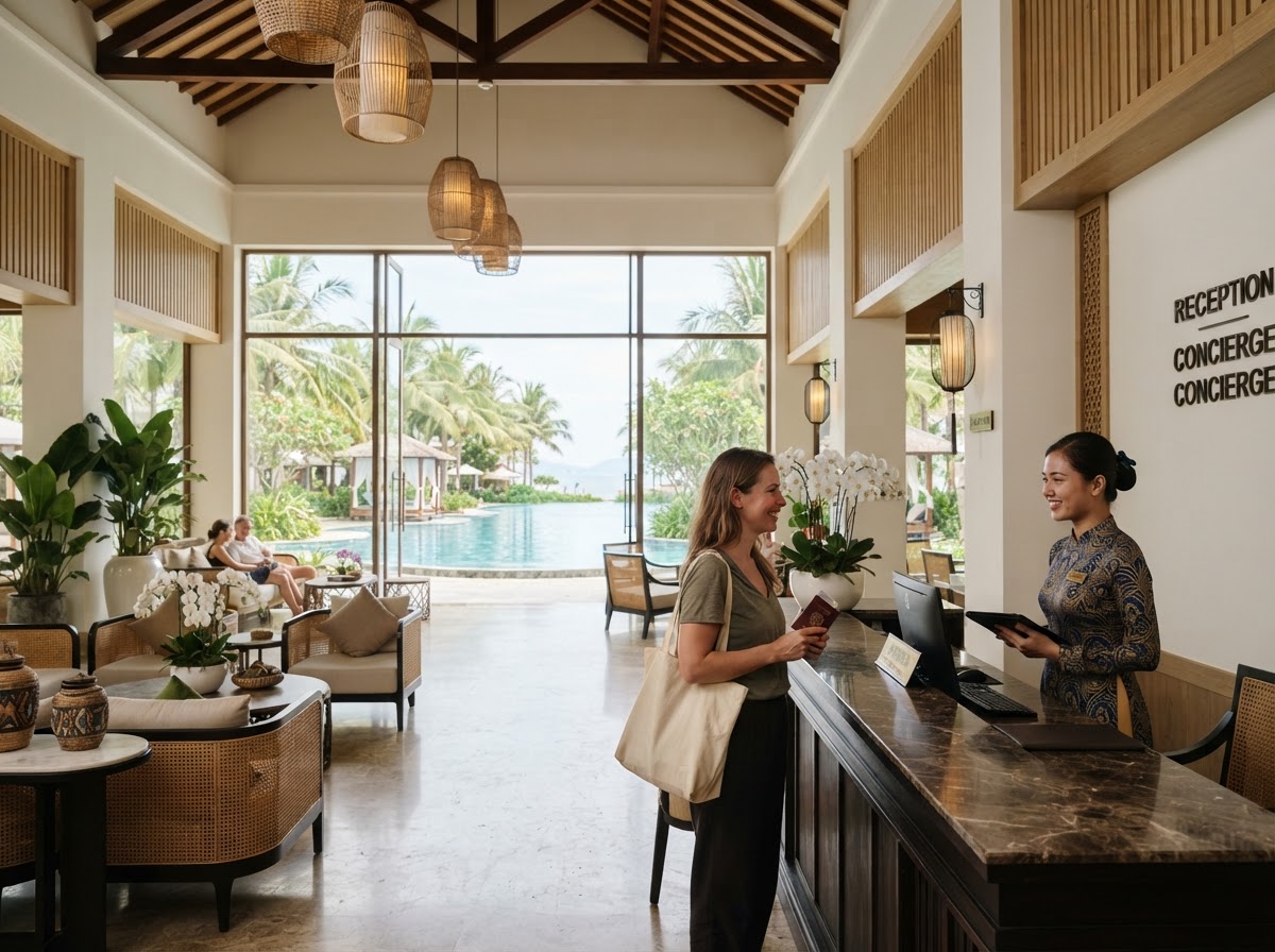 Sảnh khách sạn nghỉ dưỡng cao cấp tại Đà Nẵng, nhân viên lễ tân Việt Nam đang chào đón khách, ánh sáng tự nhiên từ cửa sổ lớn