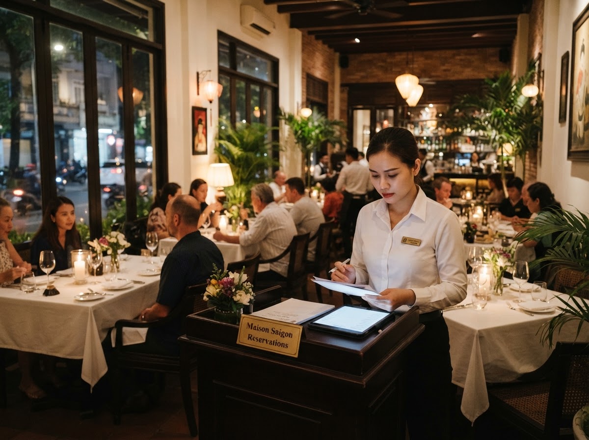 Nhà hàng Việt Nam buổi tối tại TP. Hồ Chí Minh, ánh sáng ấm, nhân viên quản lý sảnh đang xem danh sách đặt bàn trên máy tính bảng