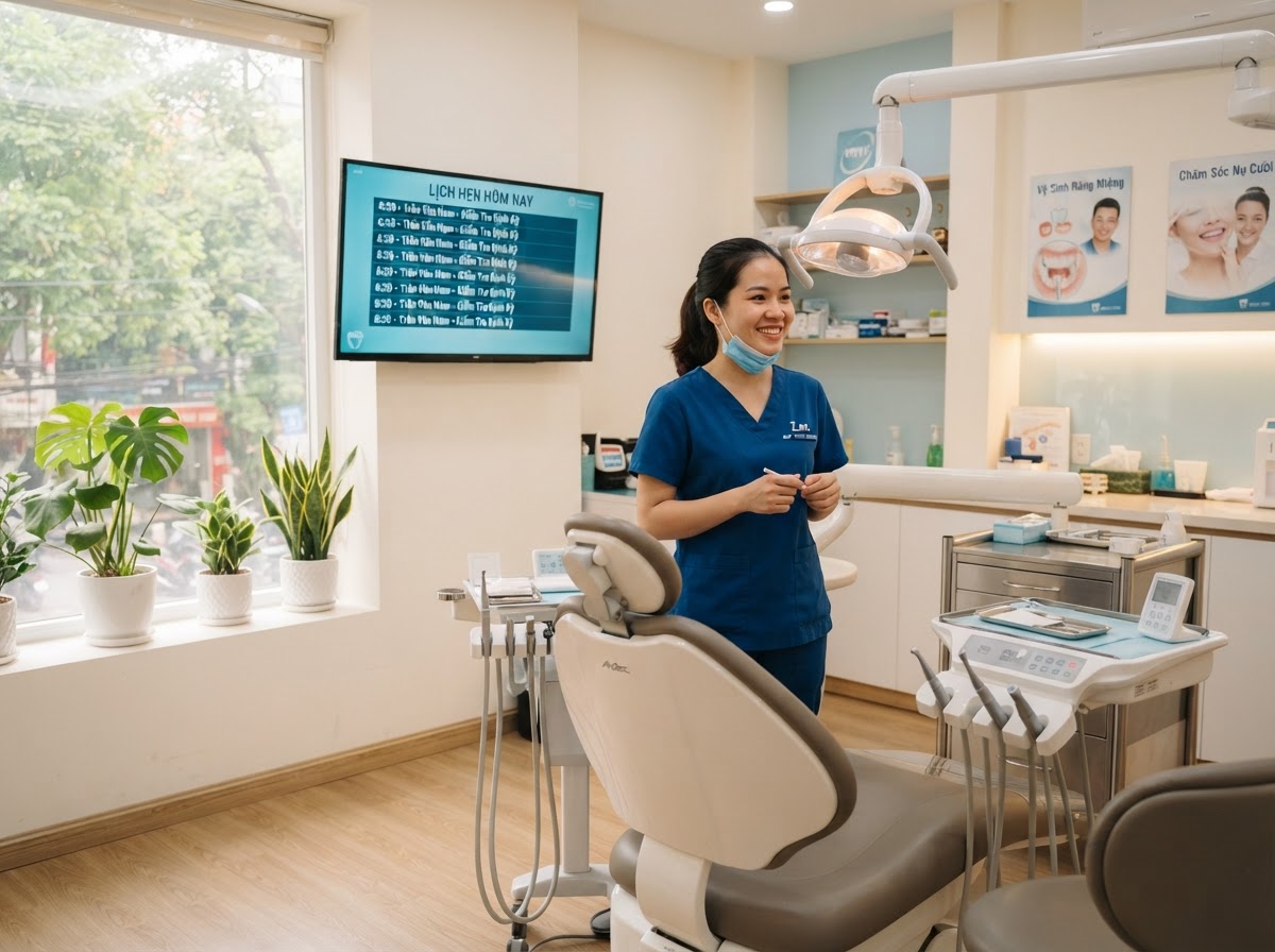 Phòng khám nha khoa hiện đại tại Việt Nam, phụ tá nha khoa đang xem lịch hẹn trên máy tính bảng
