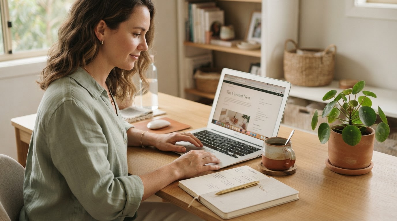 A calm, warm small business owner's workspace with a laptop, coffee and notebook