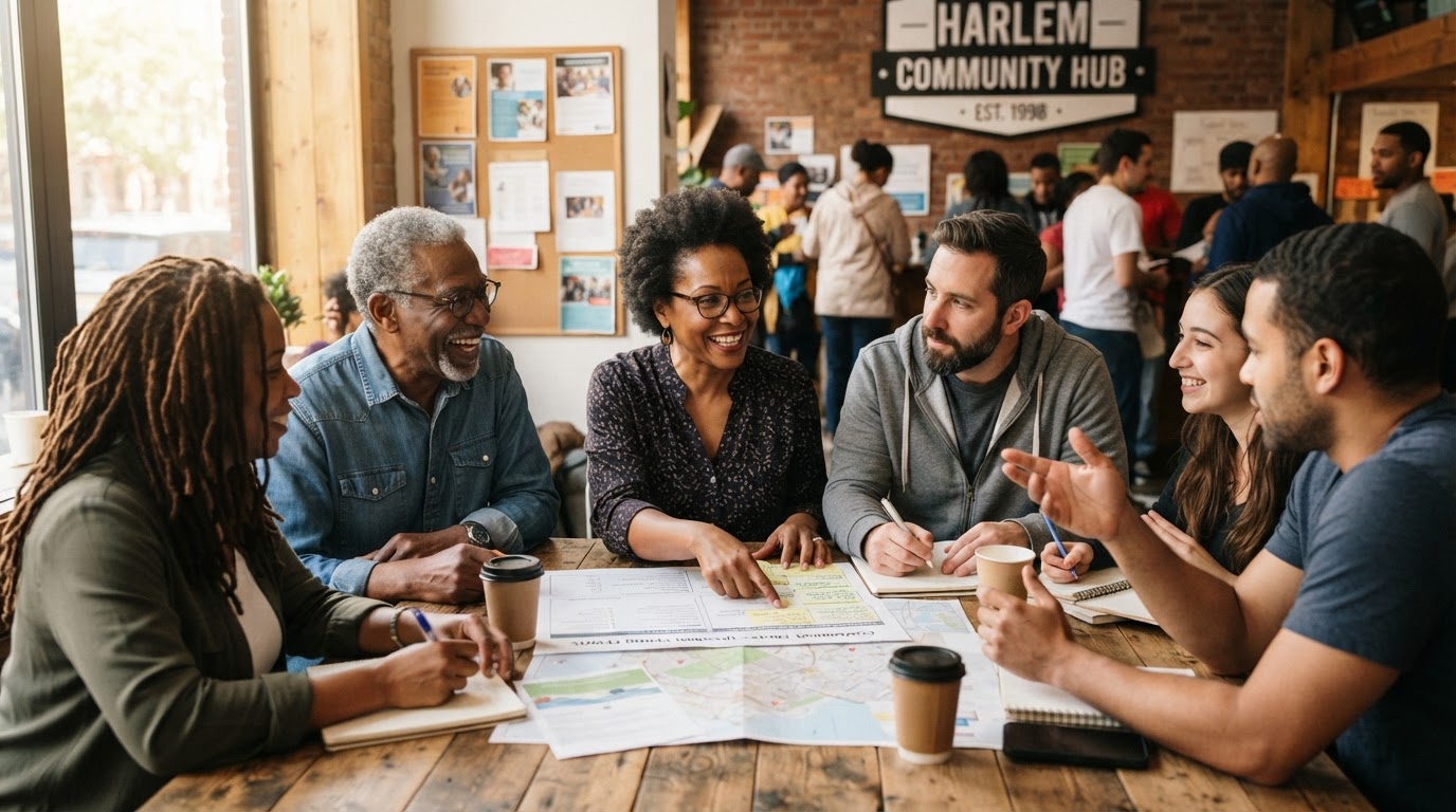 Community leaders and volunteers collaborating at a community center