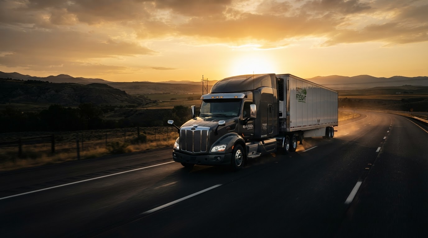 A Class 8 semi-truck driving on an open interstate highway at golden hour