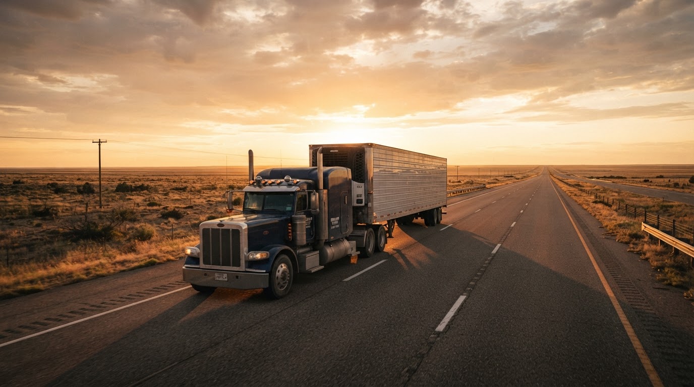 A semi-truck driving on an open interstate highway at golden hour