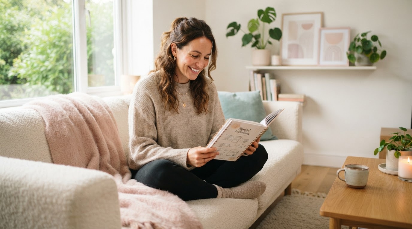 A woman in her thirties sitting on the sofa with the workbook in her hands, smiling — calm, happy, and finally no longer overwhelmed.