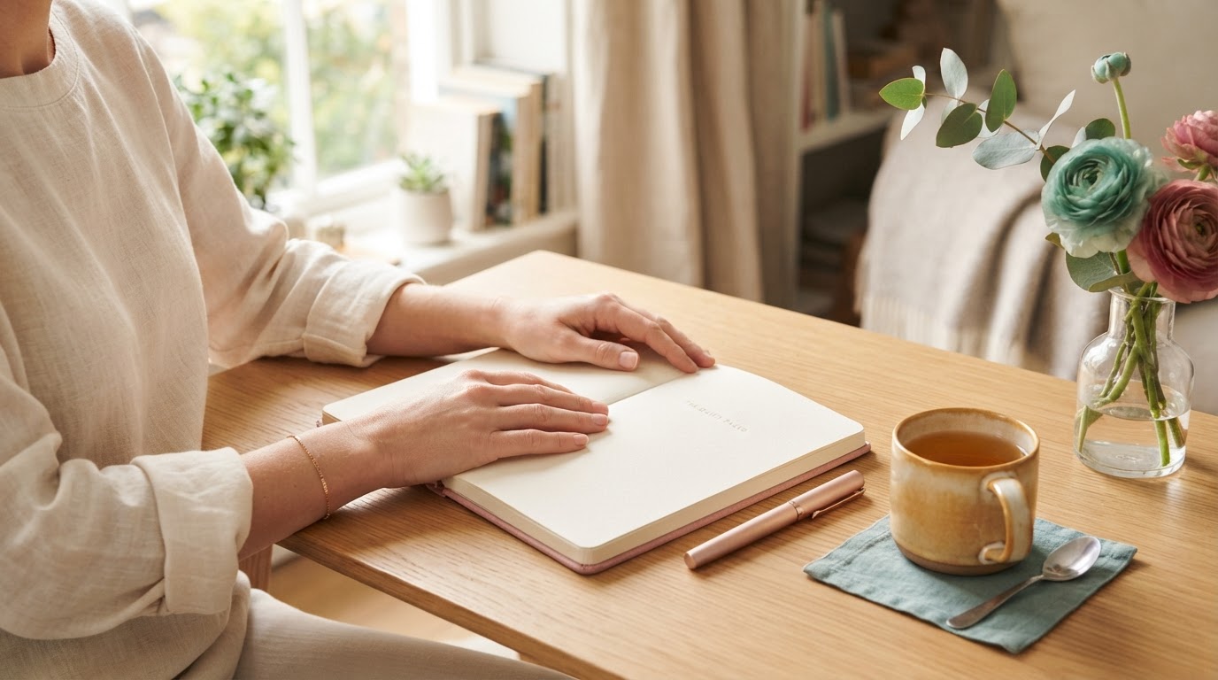 A woman's hands resting on an open journal at a sunlit desk — the quiet moment of choosing to begin again.