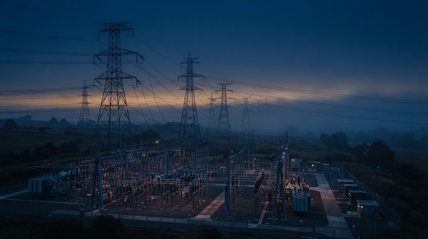 High-voltage transmission infrastructure at blue hour