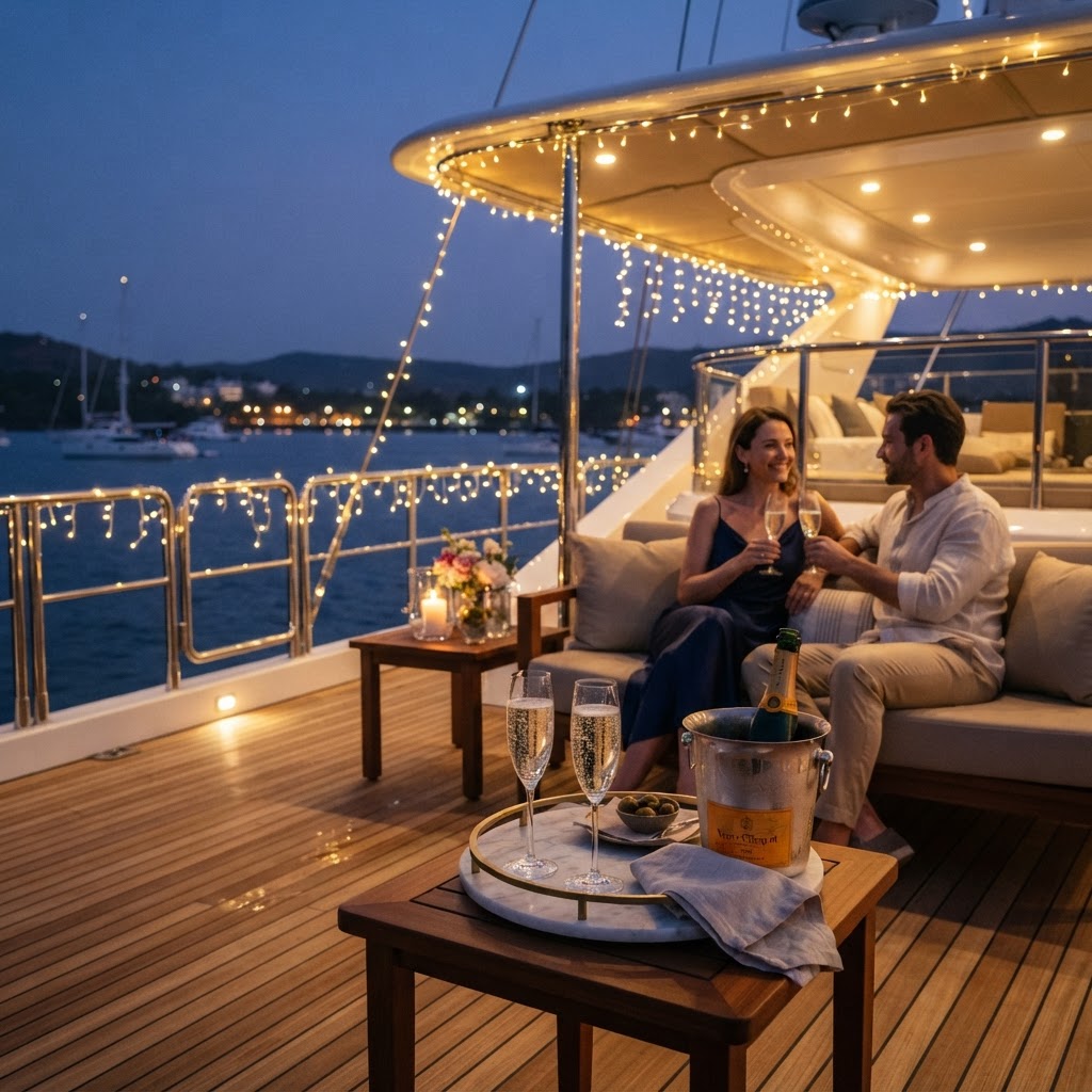 Elegant decorations on a luxury yacht deck at dusk