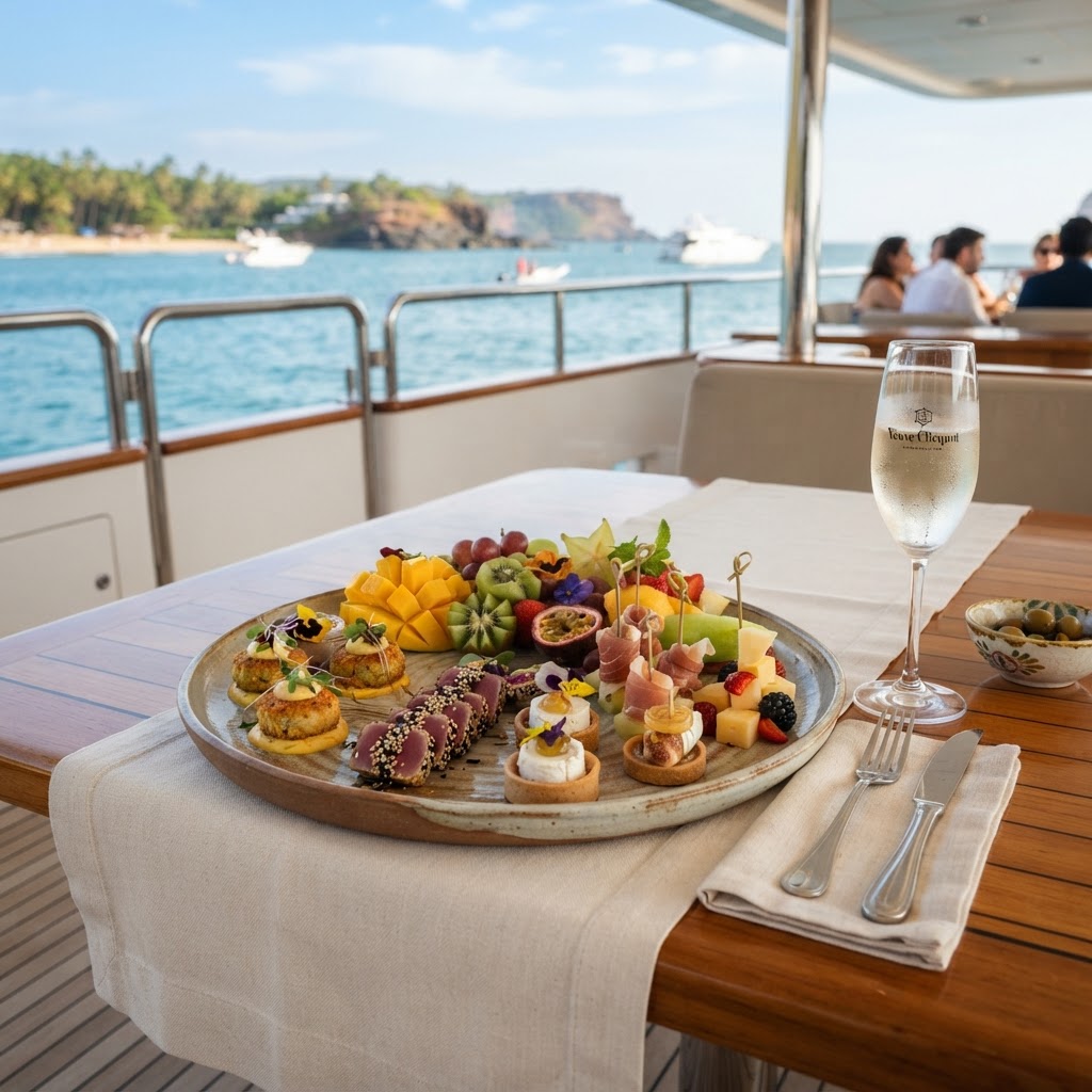 Gourmet catering platter arranged on a yacht