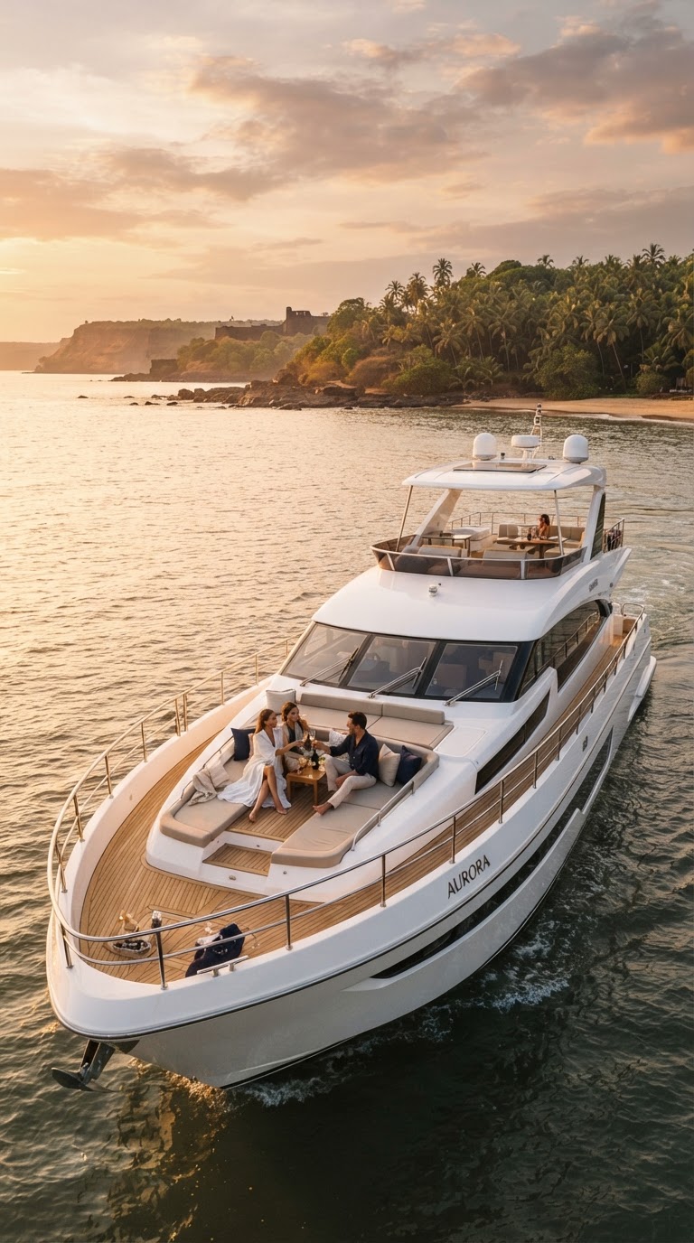 Private luxury yacht cruising along the Goa coastline at golden hour
