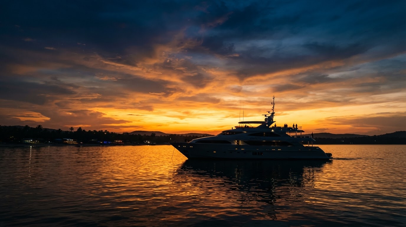Luxury yacht silhouetted against a dramatic Goan sunset over the Arabian Sea