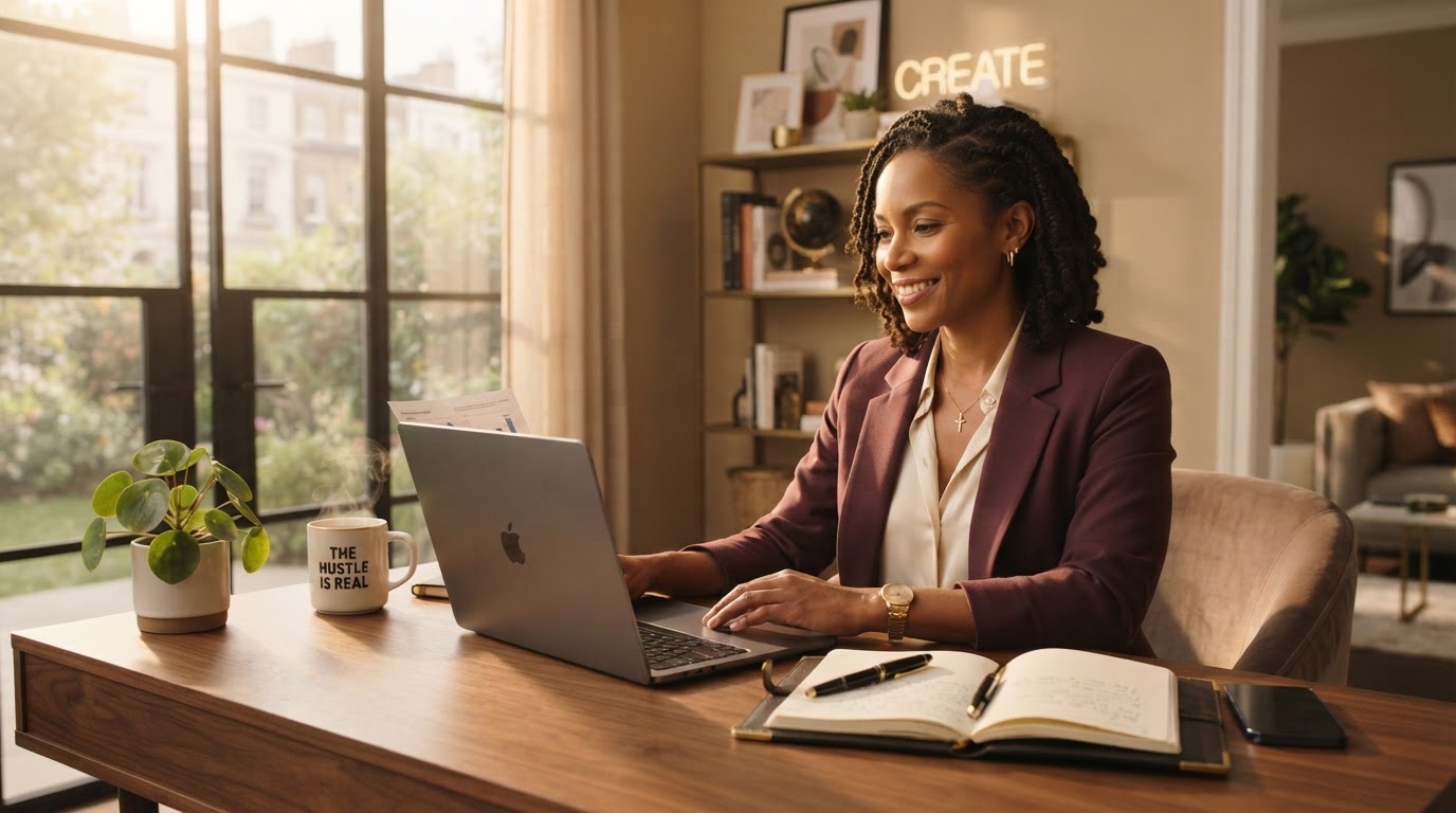Confident woman entrepreneur with an organized business
