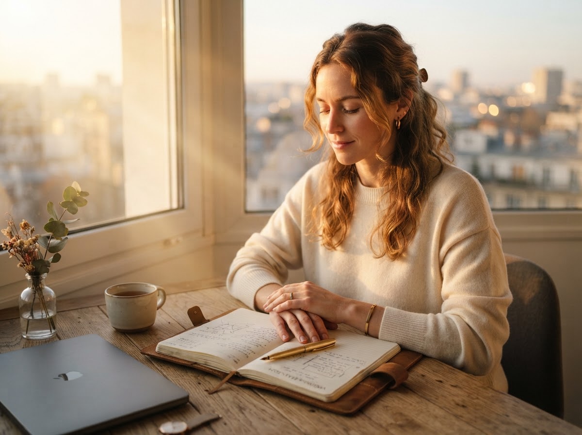 Hands gently resting on open journal with morning golden light