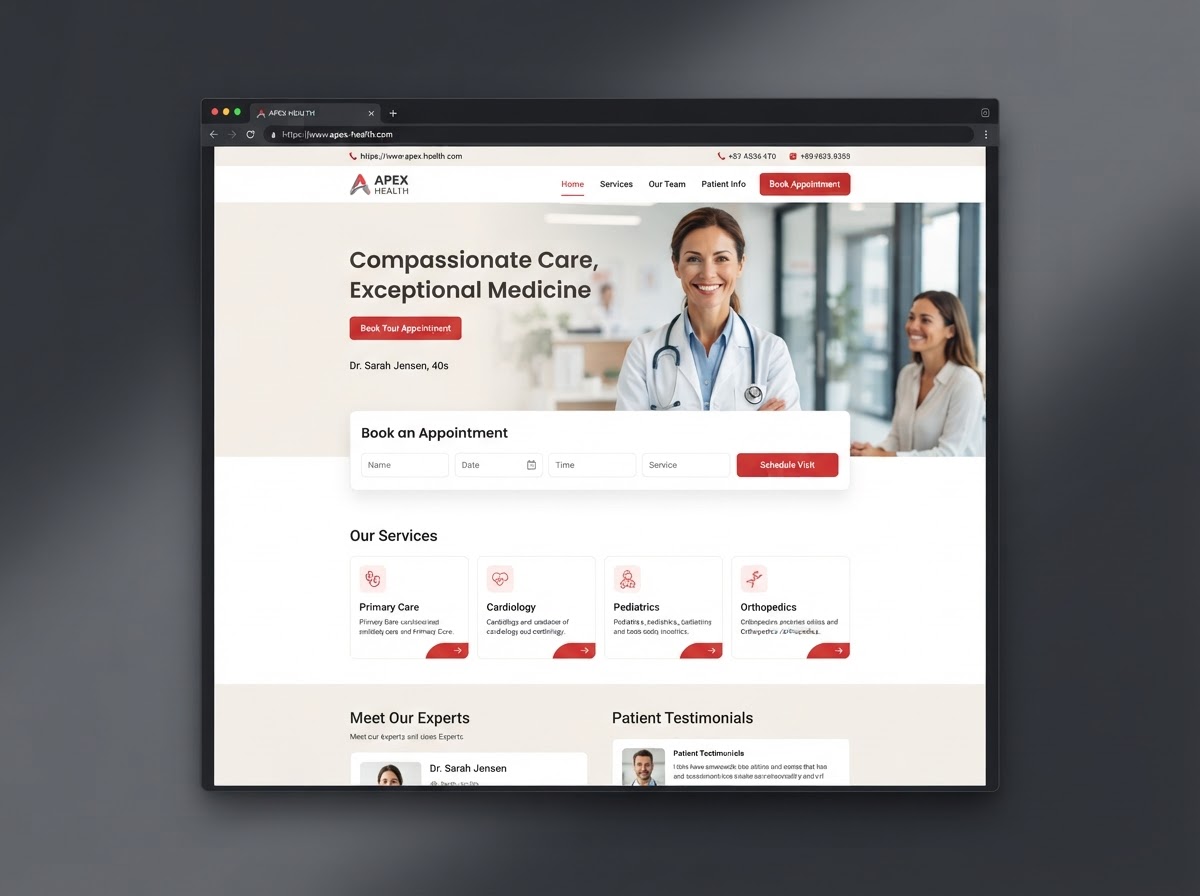 Healthcare clinic website concept — appointment booking, services, red accents